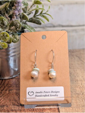NEW Artisan Ivory Button Pearl Drop Dangle Earrings Silver Hammered Ear Wires